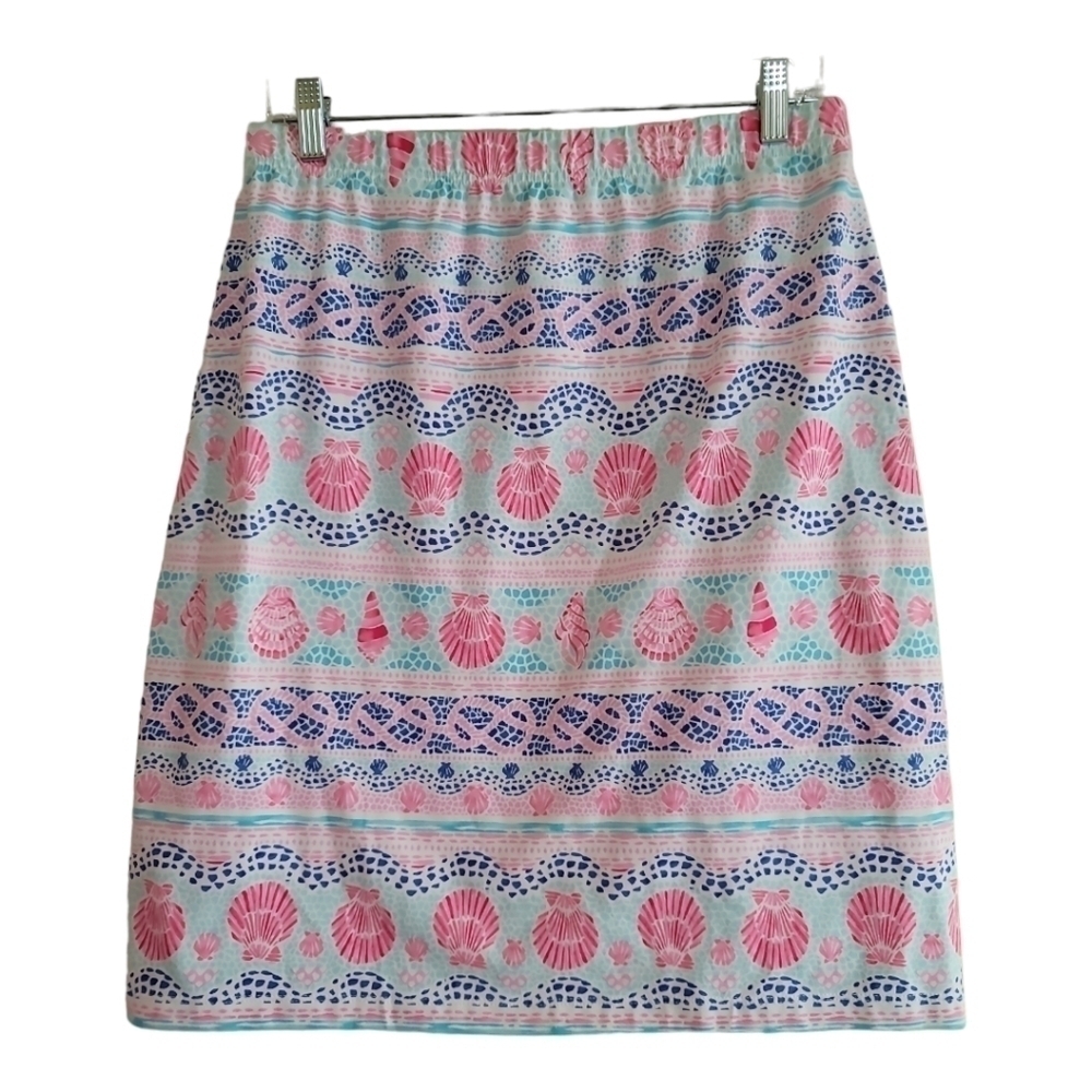 TALBOTS Shell Print Skirt White/Pink/Blue Medium Stretch Jersey Knit Beachy